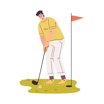 Man Character Golf Playing Training with Golf Club on Green Grass Vector Stock Illustration