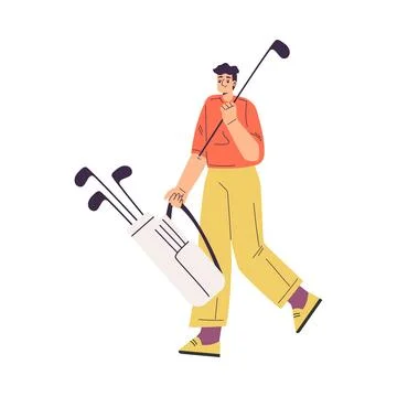 Man Character Golf Playing Walking with Golf Club Vector Illustration Stock Illustration