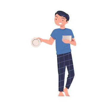 Man Character Holding Stack of Plates at Kitchen Vector Illustration Stock Illustration