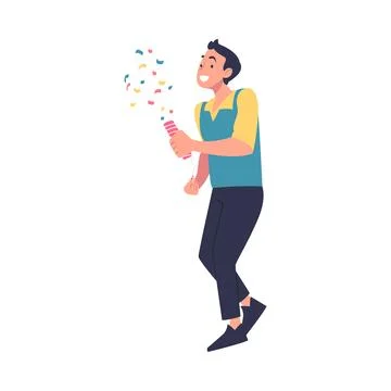 Man Character on Holiday Explode Party Popper Celebrating Birthday Party Vector 库存插图