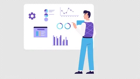 Man character interacting with graphs animation. Financial charts, business Stock Footage 256907556