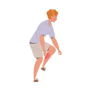 Man Character Itching and Rubbing Skin on His Leg Suffering from Neurodermatitis Stock Illustration