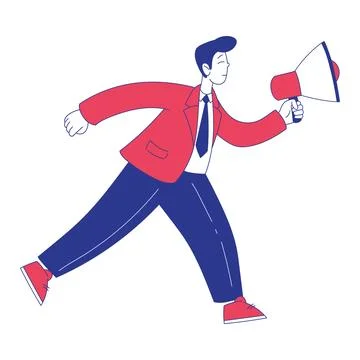 Man Character with Megaphone Moving Forward Achieving Goal Vector Illustration Illustrazione stock