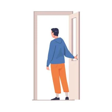 Man Character at Open Door Leaving Home Going Out Vector Illustration Illustration