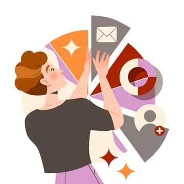 Man Character with Pie Chart Working with Information Analyzing and Browsing Illustrazione stock