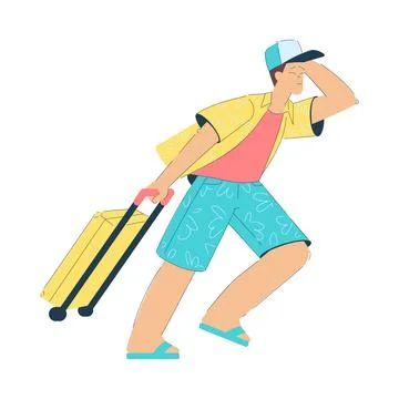 Man Character Pulling Suitcase Going on Summer Vacation Having Journey Vector Stock Illustration