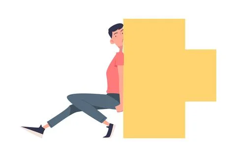 Man Character Pushing Figure and Big Shape Vector Illustration Stock Illustration