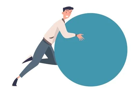 Man Character Pushing Figure and Big Shape Vector Illustration Stock Illustration