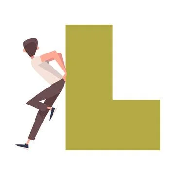 Man Character Pushing Figure and Big Shape Vector Illustration Stock Illustration
