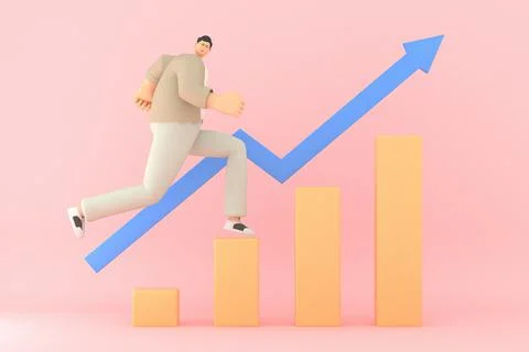 A man character running with The graph shows the stock up. 3d rendering of bu 스톡 일러스트