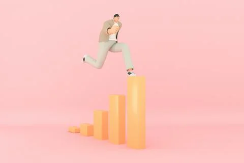 A man character running with The graph shows the stock up. 3d rendering of bu Illustration