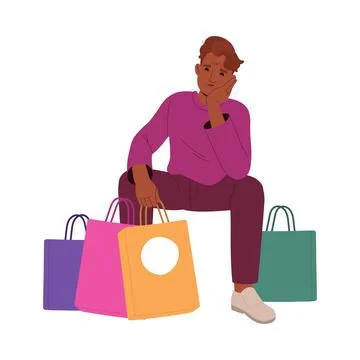 Man Character sit with Bags Thinking Choosing Clothes at Shop or Fashion Store Stock Illustration