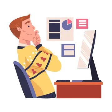 Man Character Sitting at Computer Screen Working with Information Analyzing Data Stock Illustration
