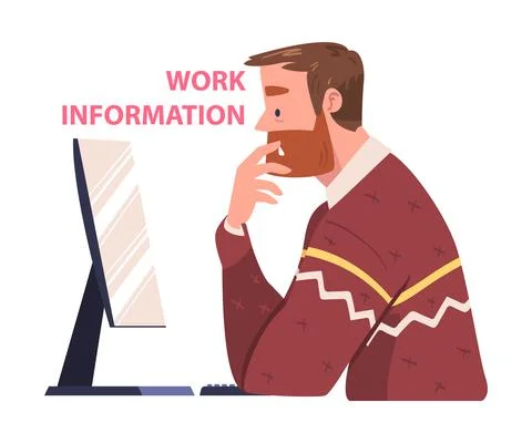 Man Character Sitting at Computer Screen Working with Information Analyzing Data 스톡 일러스트