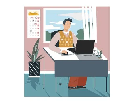 Man character sitting in office work firm laptop, male clerk business company 库存插图