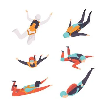 Man Character Skydiving Falling Down with Parachute Vector Set 스톡 일러스트