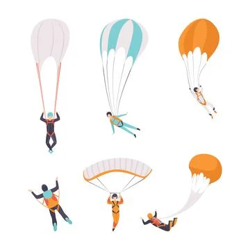 Man Character Skydiving Falling Down with Parachute Vector Set イラスト素材