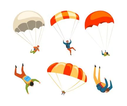 Man Character Skydiving Falling Down with Parachute Vector Set 스톡 일러스트