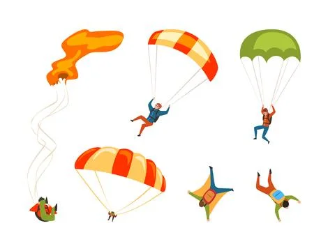 Man Character Skydiving Falling Down with Parachute Vector Set Illustrazione stock