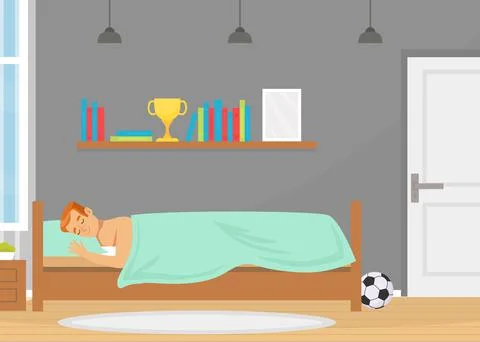 Man Character Sleeping on Bed Covered with Blanket in His Room Vector 스톡 일러스트