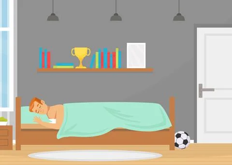 Man Character Sleeping on Bed Covered with Blanket in His Room Vector 스톡 일러스트