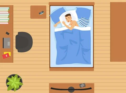 Man Character Sleeping on Bed Covered with Blanket in His Room Above View Vector 스톡 일러스트