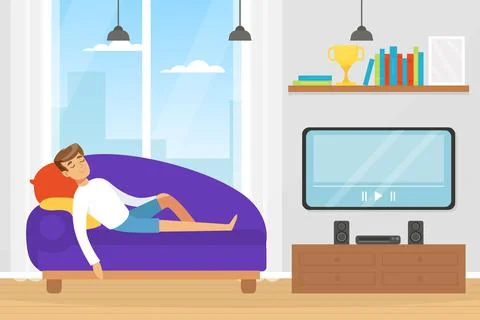 Man Character Sleeping Lying on Sofa in Front of Television Vector Illustration Ilustração Stock