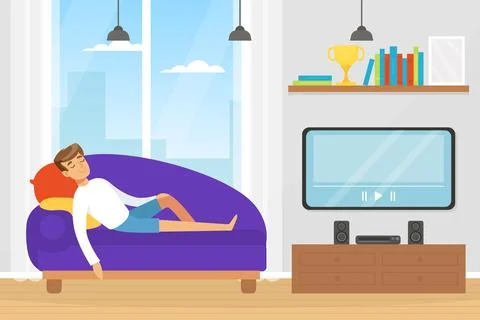 Man Character Sleeping Lying on Sofa in Front of Television Vector Illustration Ilustração Stock