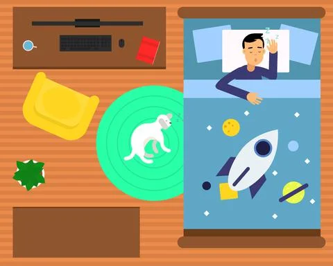 Man Character Sleeping on Soft Pillow in His Bed Covered with Blanket Vector Stock Illustration