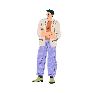 Man Character Stand with Folded Arm and Talk to Somebody Vector Illustration Stock Illustration