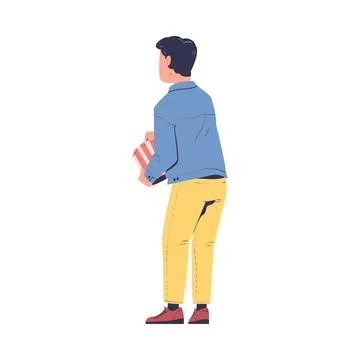 Man Character Standing with Popcorn and Watching Movie in Open Air Cinema Vector Stock Illustration