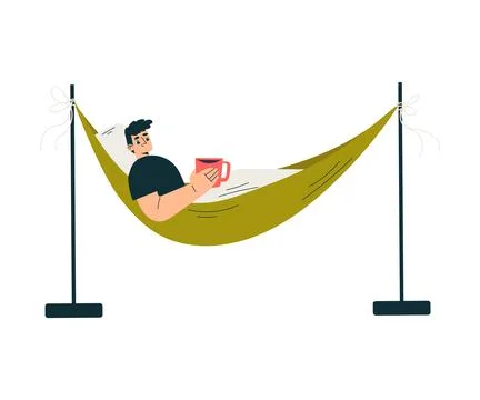 Man Character Swing on Hammock with Mug Hang with Rope Enjoy Recreation Vector Stock Illustration