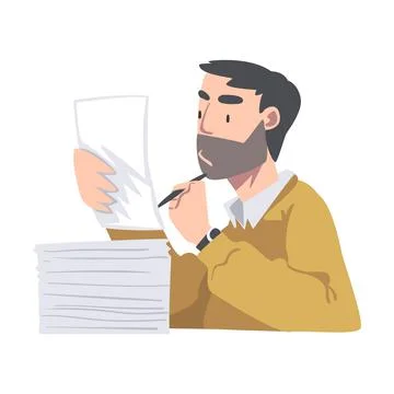 Man Character at Table Working with Pile of Papers Vector Illustration Stock Illustration