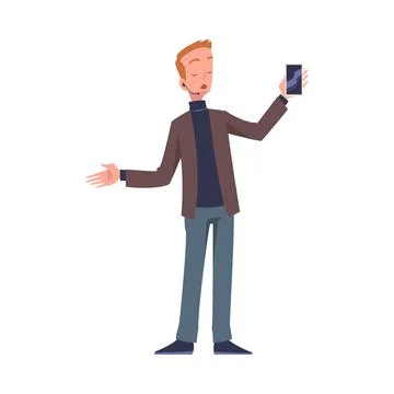 Man Character Talking about New Smartphone Standing and Speaking Vector Stock Illustration