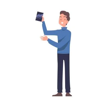 Man Character Talking about New Tablet Standing and Speaking Vector Illustration Stock Illustration