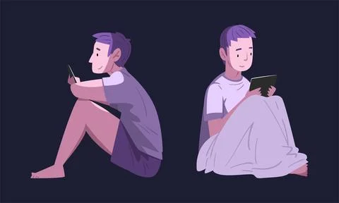 Man Character Using Digital Gadget at Night Sitting on Bed in the Dark Vector Stock Illustration