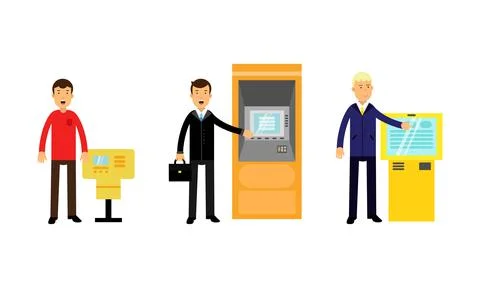 Man Character Using Electronic Self Service Terminals and ATM Machine Vector Stock Illustration