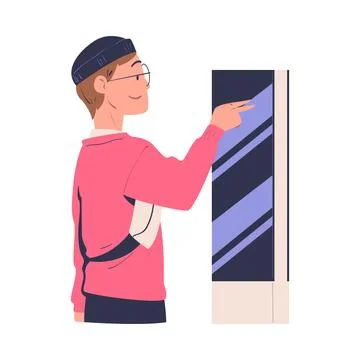 Man Character Using Information Board with Interactive Interface Vector Stock Illustration