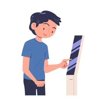 Man Character Using Information Board with Interactive Interface Vector Stock Illustration