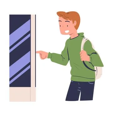 Man Character Using Information Board with Interactive Interface Vector Stock Illustration