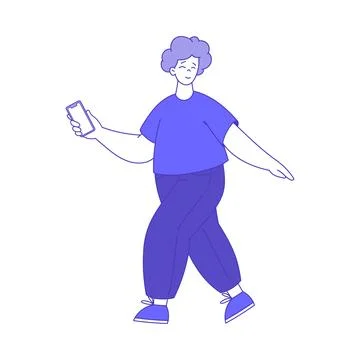 Man Character Walking with Smartphone Using Social Media Vector Illustration Ilustración de archivo
