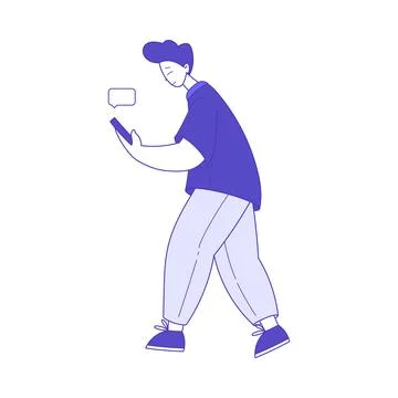 Man Character Walking with Smartphone Using Social Media Vector Illustration Stock Illustration