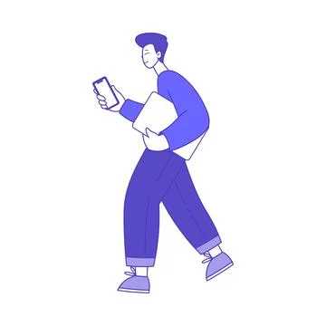 Man Character Walking with Smartphone Using Social Media Vector Illustration Stock Illustration