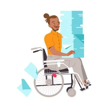 Man Character on Wheelchair with Huge Stack of Paper Working with Text Vector Stock Illustration