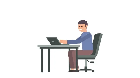 Man Character Work From Laptop Workplace Isolated Cartoon Animation Stockbeeldmateriaal 144688413