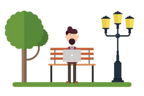 Man character working on the bench in the park vector illustration Illustrazione stock