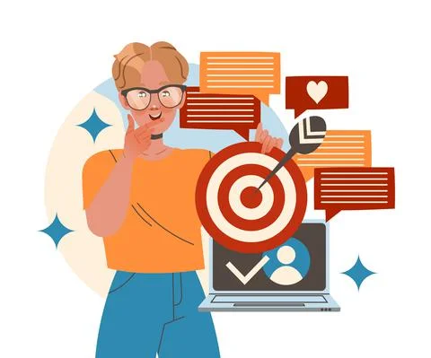 Man Character Working with Information Hitting Center of Target Analyzing and Stock Illustration