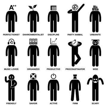Man Characteristic Behaviour Mind Attitude Identity Personalities Stick Figure P Illustrazione stock