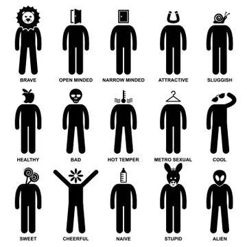 Man Characteristic Behaviour Mind Attitude Identity Personalities Stick Figure P Illustrazione stock