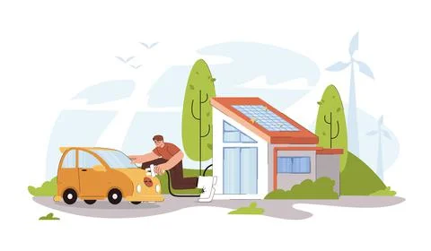 Man charging electric car from smart house with solar panels Ilustración de archivo